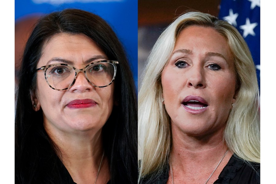 This combo image shows Rep. Rashida Tlaib, D-Mich., Feb. 18, 2022, left, and Rep. Marjorie Taylor Greene, R-Ga., May 18, 2023, right. The House is expected to consider resolutions that would censure Tlaib and Greene in a partisan tit-for-tat over inflammatory rhetoric. (AP Photo/File)