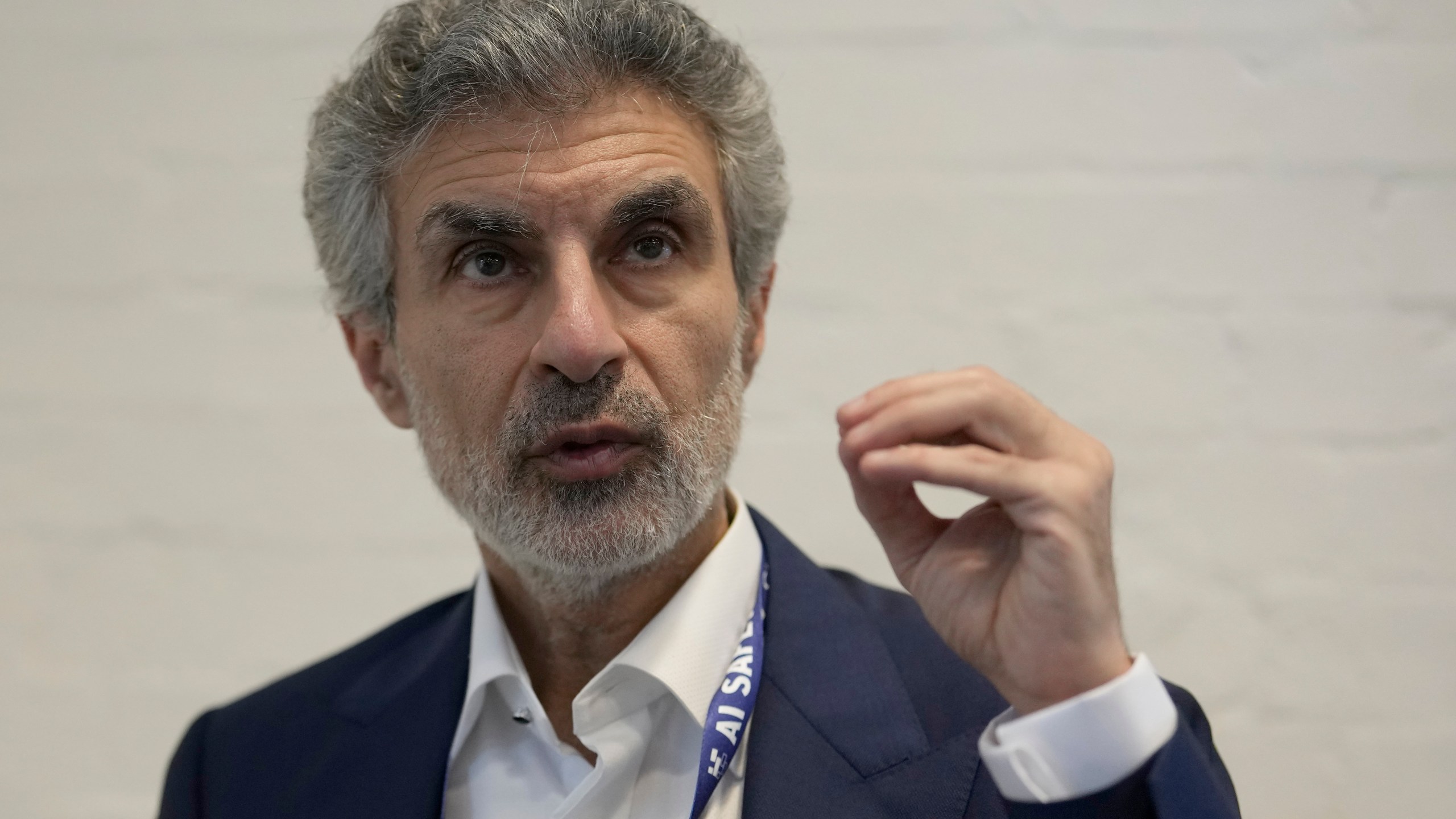 Yoshua Bengio, Scientific Director Mila Quebec AI Institute speaks to the Associated Press during the AI Safety Summit in Bletchley Park, Milton Keynes, England, Wednesday, Nov. 1, 2023. (AP Photo/Alastair Grant)