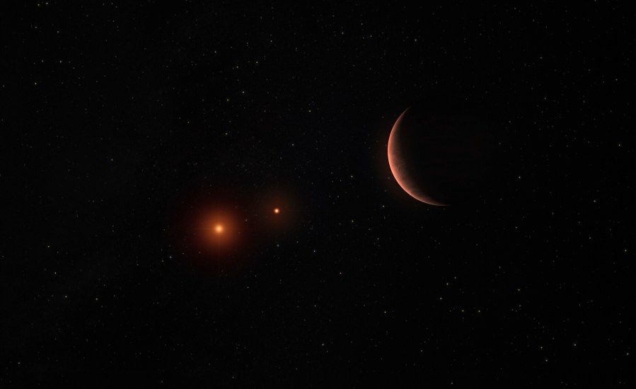 This artist’s illustration provided by the European Southern Observatory shows an exoplanet orbiting around two brown dwarfs, celestial objects that are lighter than stars, but heavier than gas giant planets. (M. Kornmesser/ESO via AP)