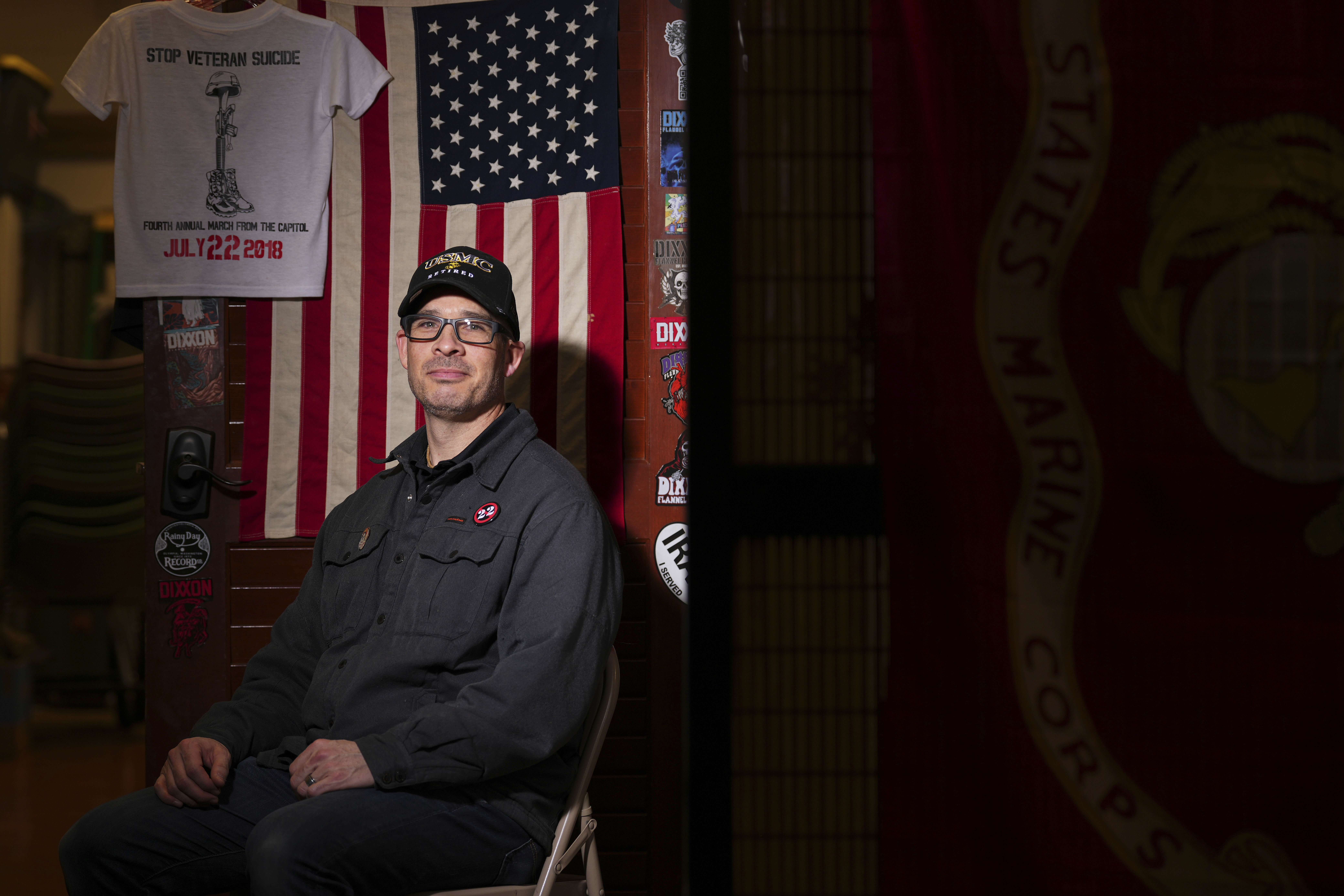 Marine Corps combat veteran Matt Metzger, who grows his own mushrooms for microdosing psilocybin, poses for a portrait Wednesday, March 26, 2025, in Olympia, Wash. (AP Photo/Lindsey Wasson)