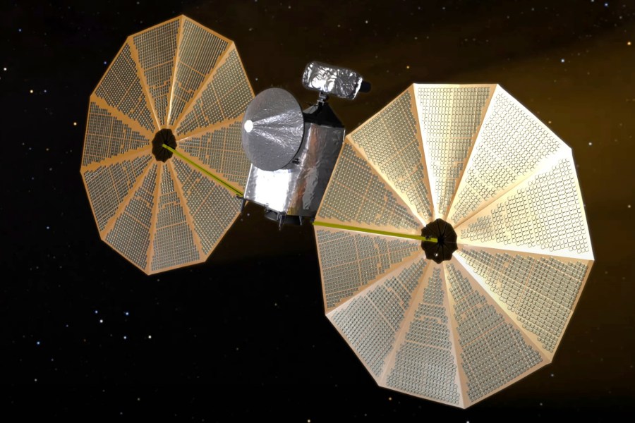 This image from video animation provided by NASA in October 2022 depicts the Lucy spacecraft. (NASA via AP)